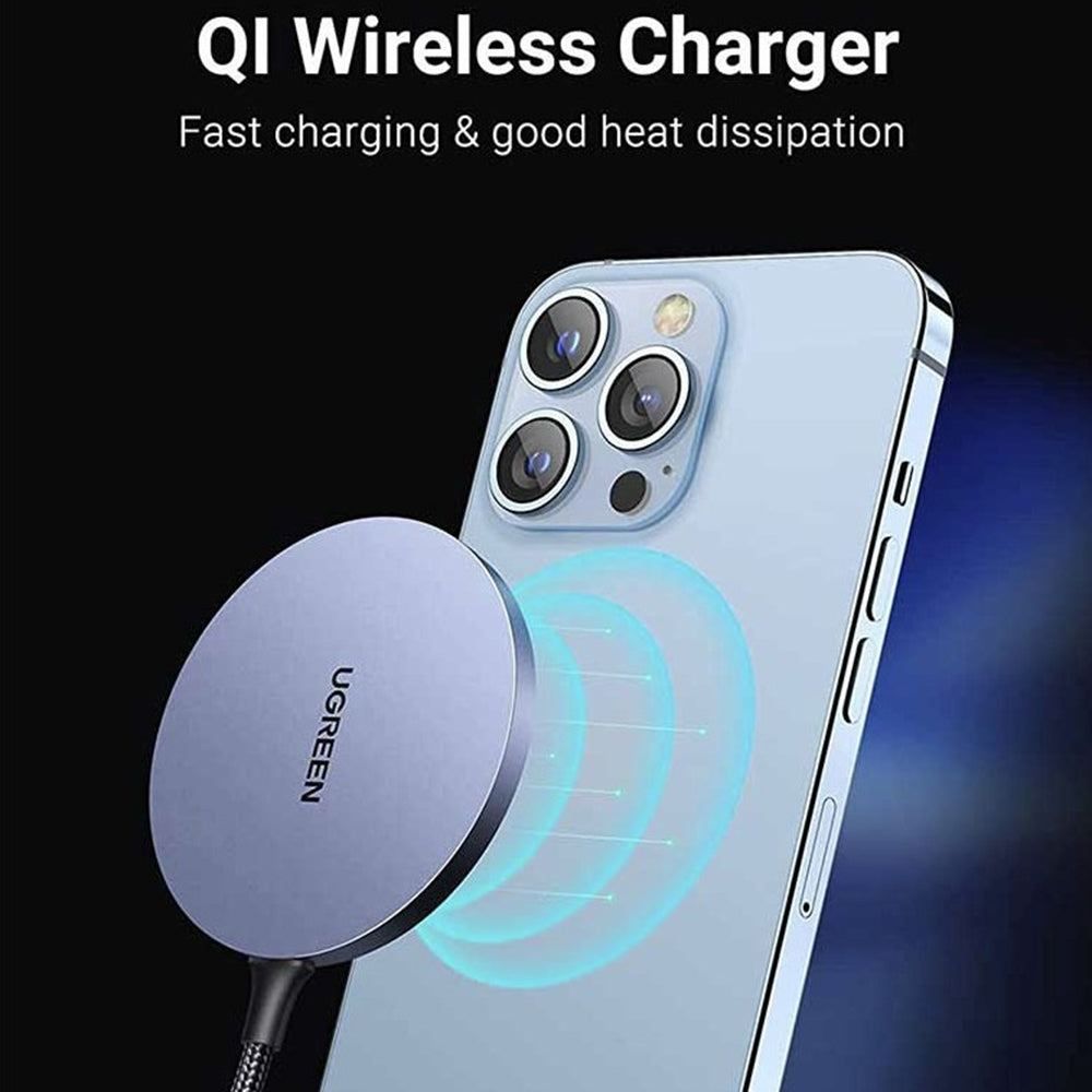 Ugreen - Wireless Charger CD245 (30233) - Qi, 15W, MagSafe, Aluminum Alloy, Strong Magnets, USB-C Cable Included, 1.5m -
