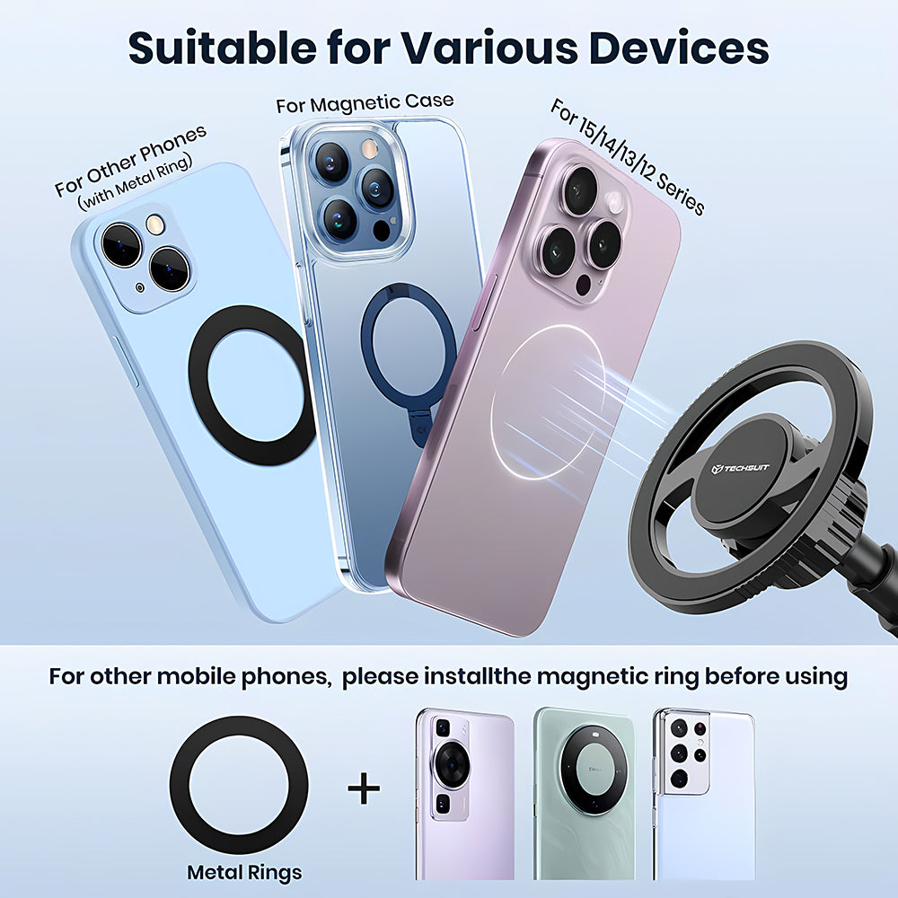 Techsuit - Car Holder MagProX (S12) - for Dashboard, MagSafe Compatible, 360° Rotation, Suction Cup Mounting Base - Blac