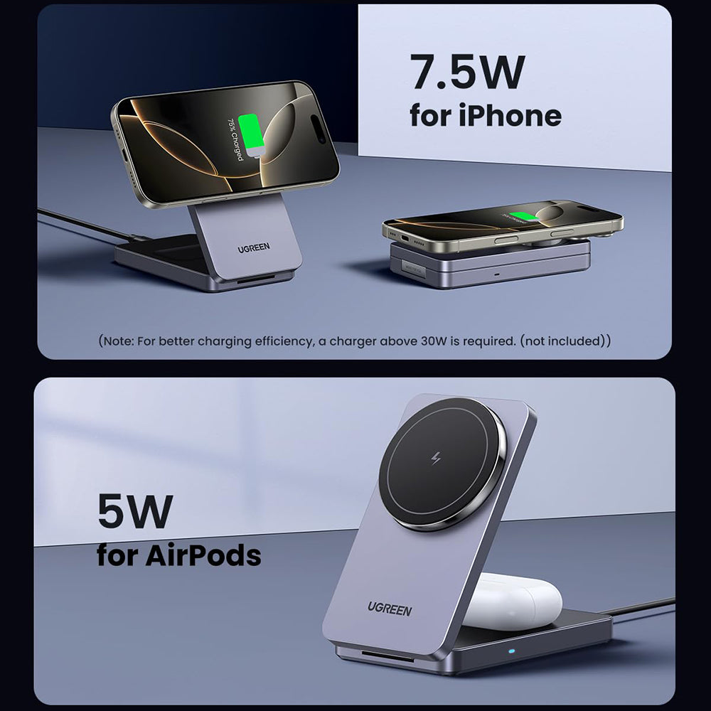 Ugreen - Wireless Charger W528 (45056) - 2in1, MagSafe, for iPhone, AirPods, Compact Foldable Design, 15W, 3A - Black