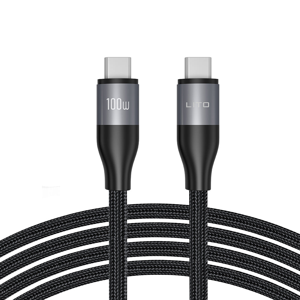 Lito - Data Cable (LD23CC) - Type-C to Type-C, Fast Charging, Braided Nylon, 100W, 480Mbps, 1m - Grey