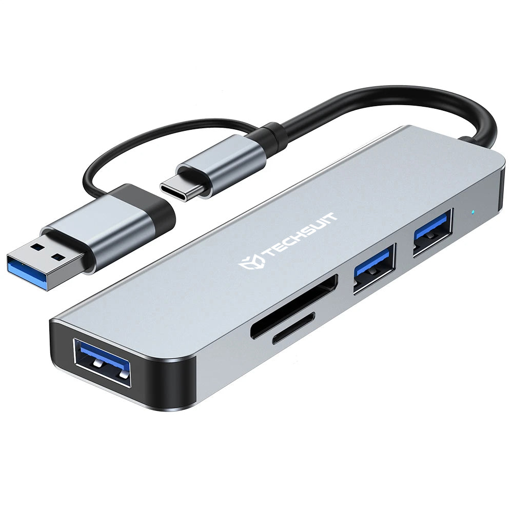 Techsuit - Docking Station DataBridge 5 in 1 (H7) - USB, Type-C to USB 3.0, 2x USB 2.0, SD/TF Card - Gray