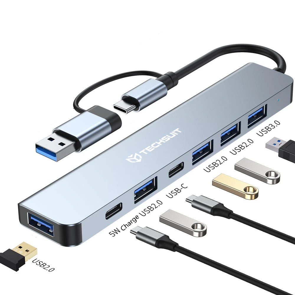 TechSuit Hub/Dock Techsuit Docking Station DataBridge 7 in 1 (H6), USB, Type-C to USB 3.0, 4x USB 2.0, 2x Type-C, Gri – 