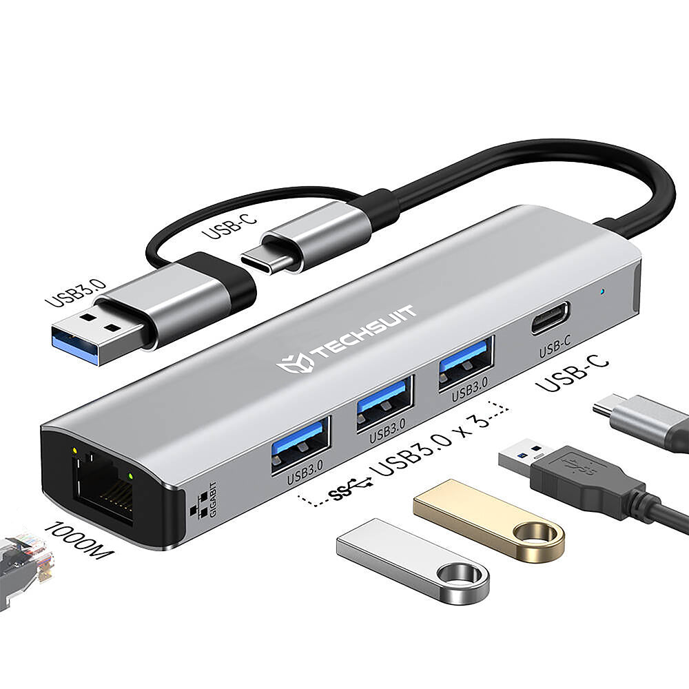 Techsuit - Docking Station BoostNetLink 5in2 (H3) - USB, Type-C to 3x USB, 1x USB-C, Ethernet RJ45, 1000Mbps - Gray