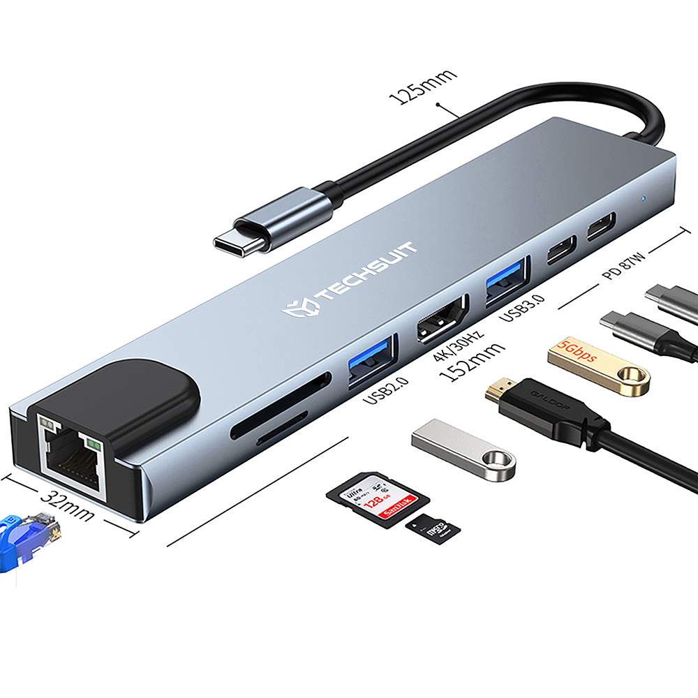 Techsuit - Docking Station NetBridge 8 in 1 (H2) - Type-C to 2x Type-C, 2x USB, HDMI, RJ45, TF/SD, 4K@30Hz, PD87W - Gray