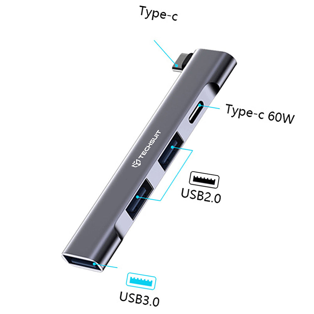 Techsuit - Docking Station ZenithDock 4 in 1 (H12) - USB-C to 2x USB 2.0, 1x USB 3.0, 1x Type-C, 60W - Gray
