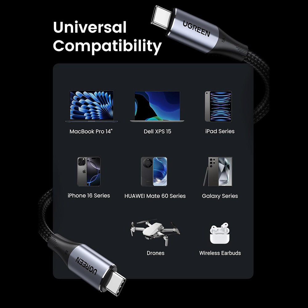 Ugreen - Data Cable US355 (80150) - Type-C, Fast Charging, 100W, 5A, 4K, 10Gbps, Smart Chip, Audio-Video, Nylon, 1m - Bl