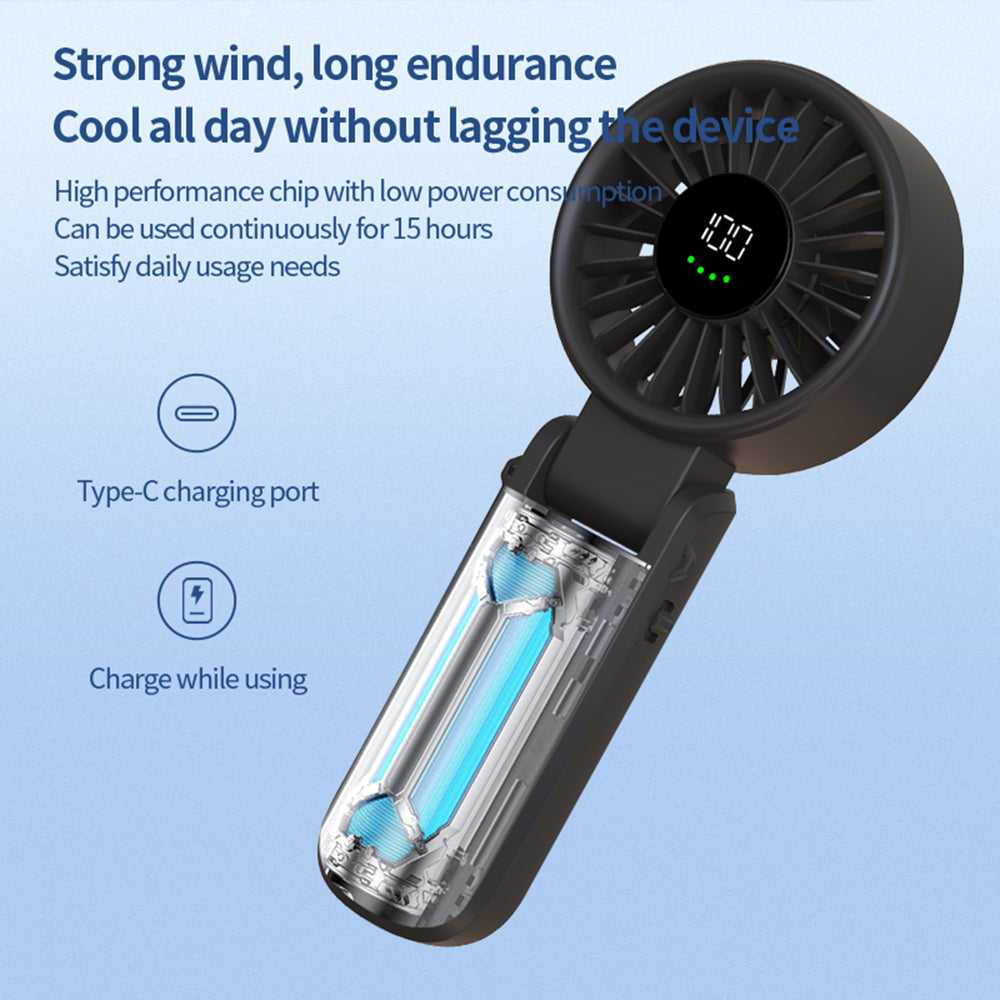 Techsuit - Premium Mini Hand Fan (A10) - with LED Digital Display, USB-C Rechargeable, 100 Wind Speeds, 5400RPM - White