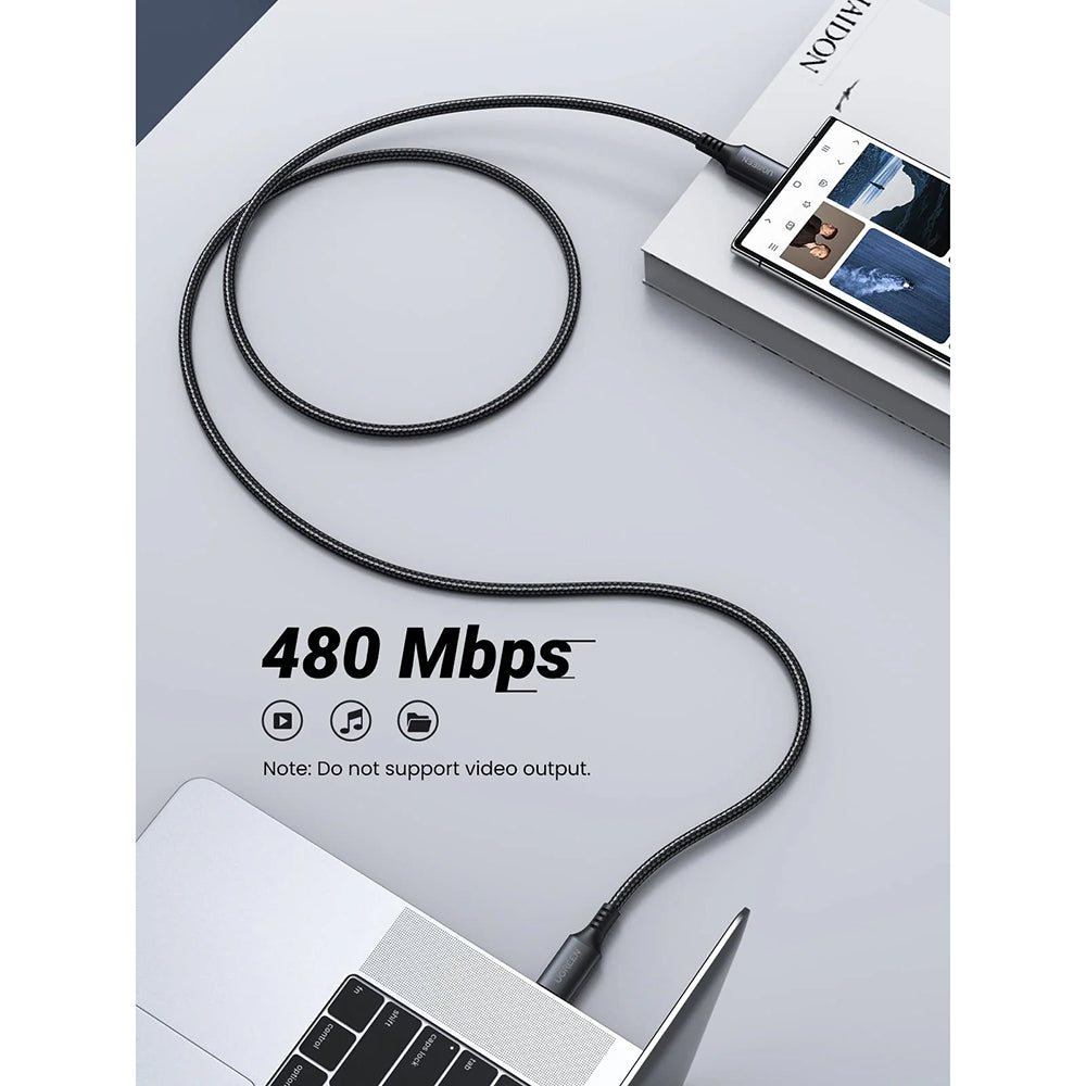 Ugreen - Data Cable US567 (15373) - USB-C to USB-C, 3A, 60W, 1m, Nylon - Black Gray