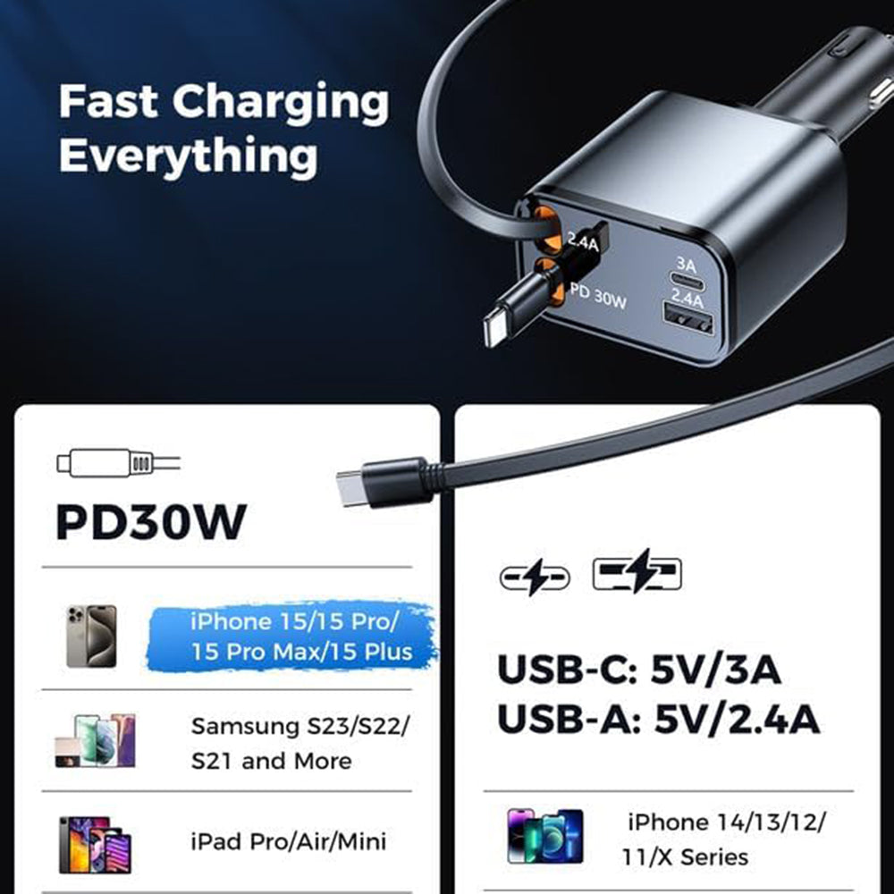 Techsuit - Premium Car Charger NanoVoltX (C1) - with Retractable USB-C, Lightning Cables, USB 2.4A, PD30W, 69W, 180° - G