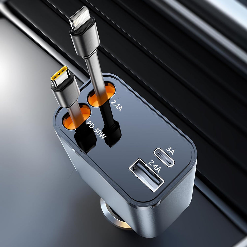 Techsuit - Premium Car Charger NanoVoltX (C1) - with Retractable USB-C, Lightning Cables, USB 2.4A, PD30W, 69W, 180° - G