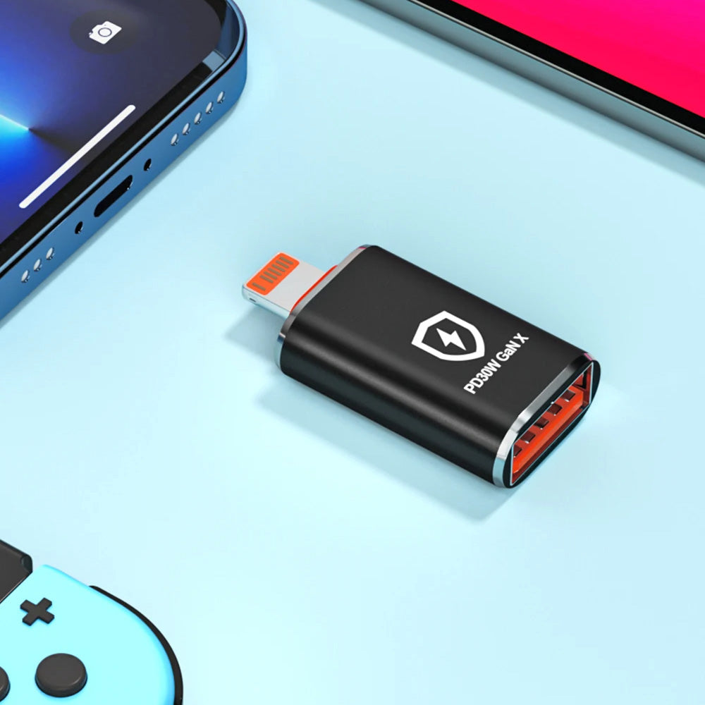 Techsuit - Premium OTG Adapter HyperPort (A6) - USB3.0 to Lightning, PD30W, 5Gbps, GaN, Converter for iPhone - Black / O