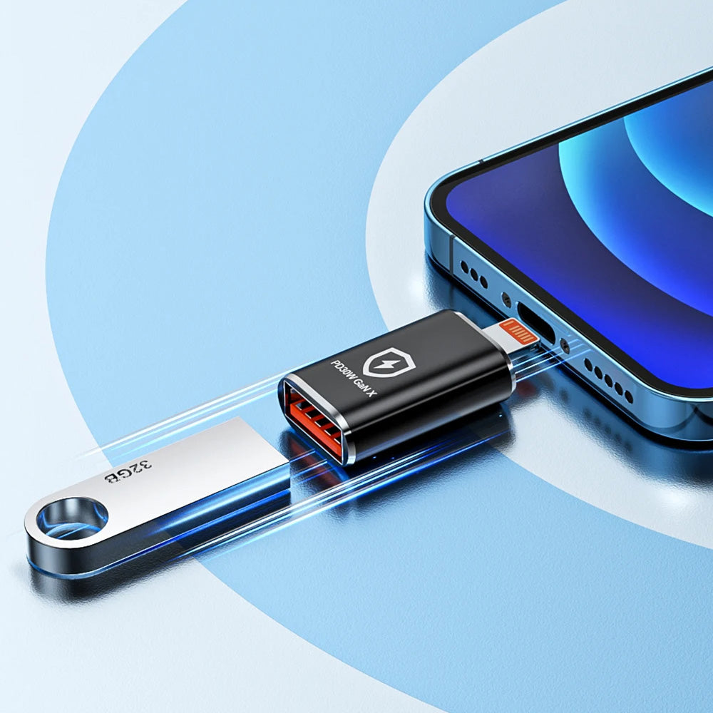Techsuit - Premium OTG Adapter HyperPort (A6) - USB3.0 to Lightning, PD30W, 5Gbps, GaN, Converter for iPhone - Black / O