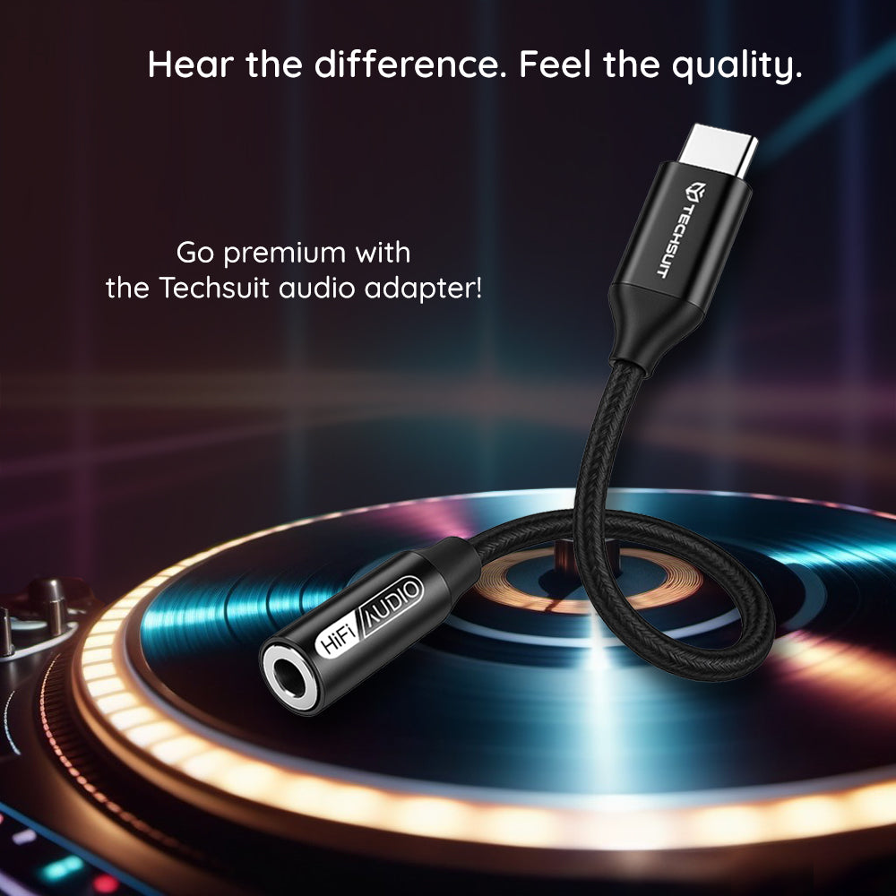 Techsuit - Premium Cable Adapter FuseXound (AC13) - Type-C to 3.5mm Jack, Hi-Fi Quality, DAC Chip, 3A, 48kHz, 0.1m - Bla
