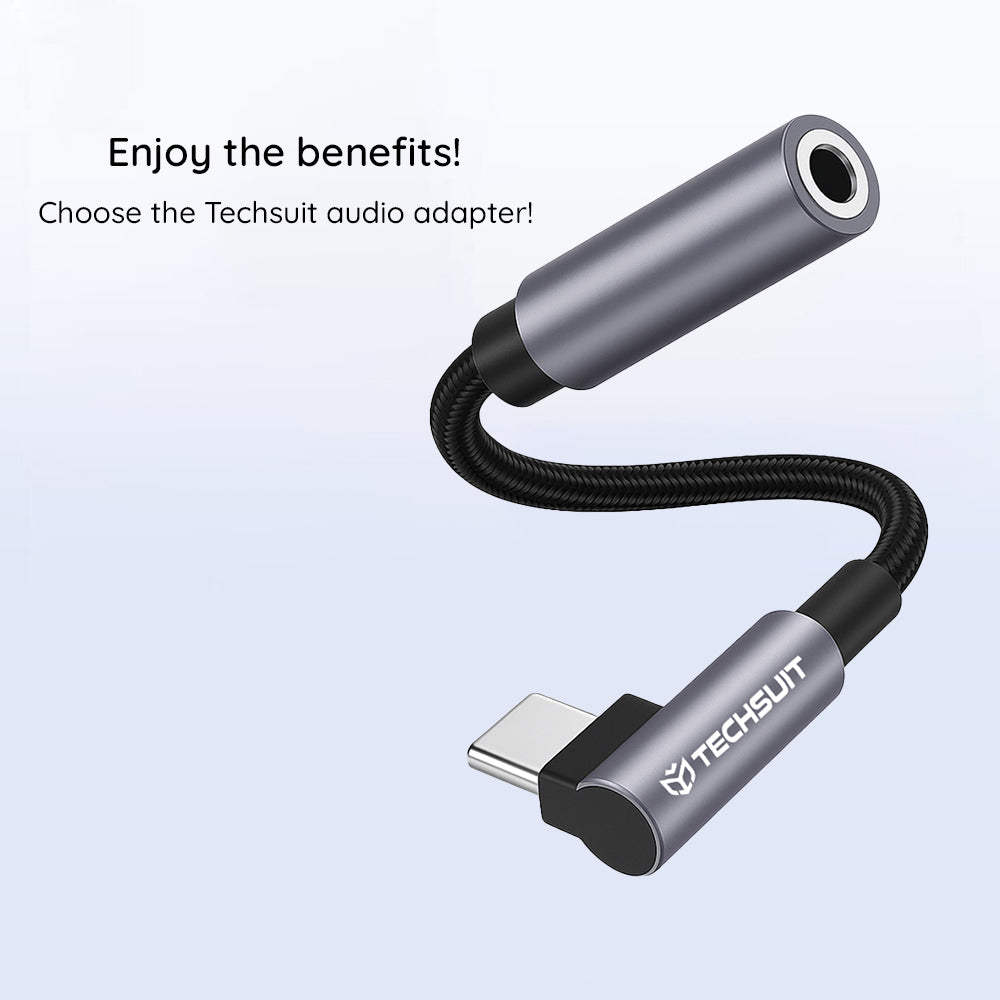 Techsuit - Premium Cable Adapter MusicDoX (AC7) - Type-C to 3.5mm Jack, Hi-Fi Sound, DAC Chip, 3A, 0.1m - Gray