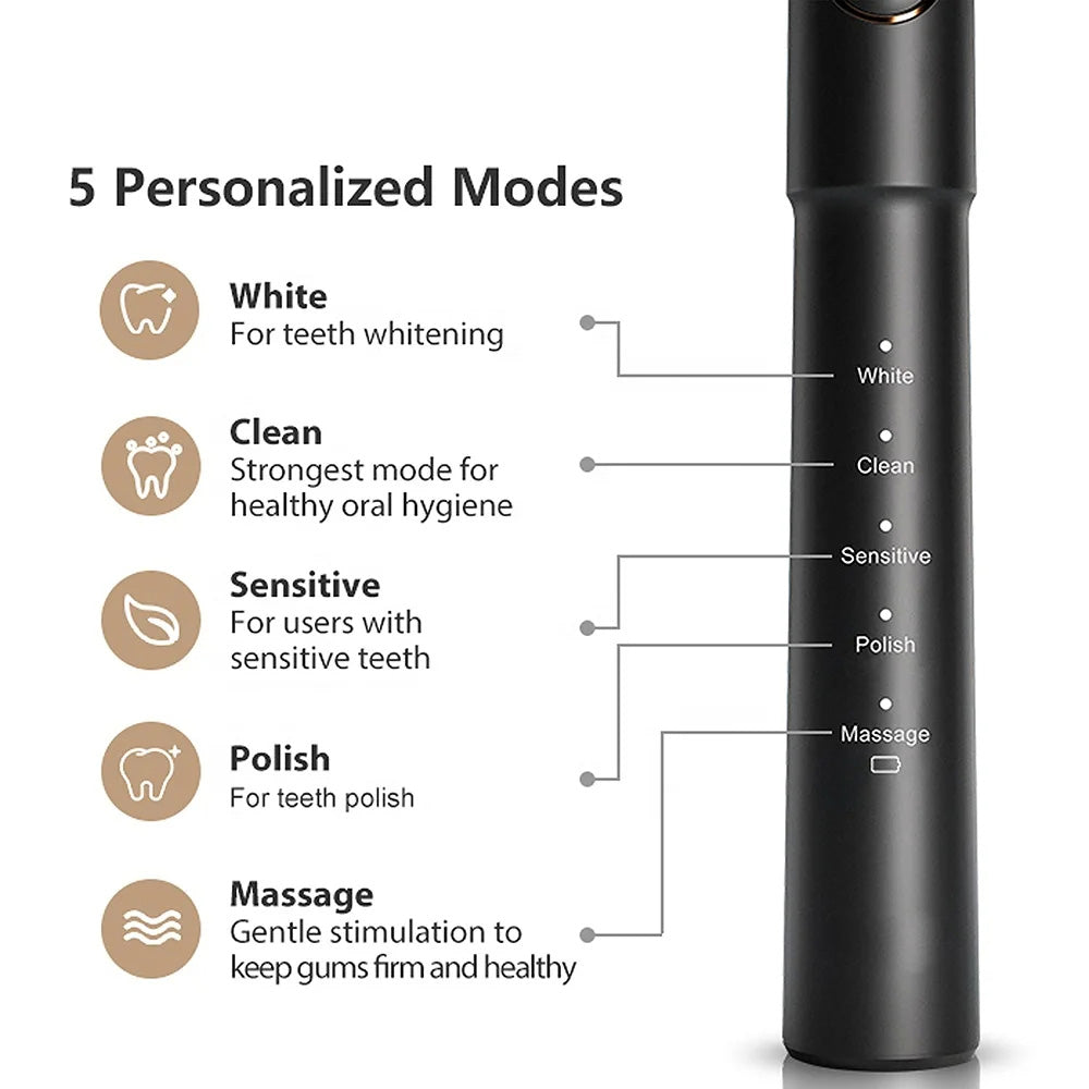 Bitvae - Electric Toothbrush (E11) - Ultrasonic, 8 Heads, Travel Case, White/Clean/Sensitive/Polish/Massage Modes - Blac