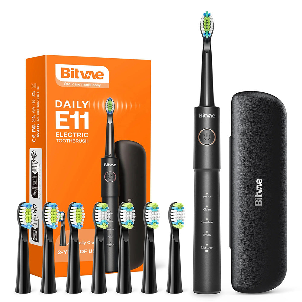 Bitvae - Electric Toothbrush (E11) - Ultrasonic, 8 Heads, Travel Case, White/Clean/Sensitive/Polish/Massage Modes - Blac