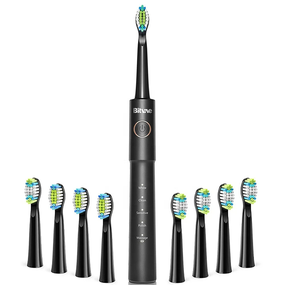 Bitvae - Electric Toothbrush (E11) - Ultrasonic, 8 Heads, Travel Case, White/Clean/Sensitive/Polish/Massage Modes - Blac