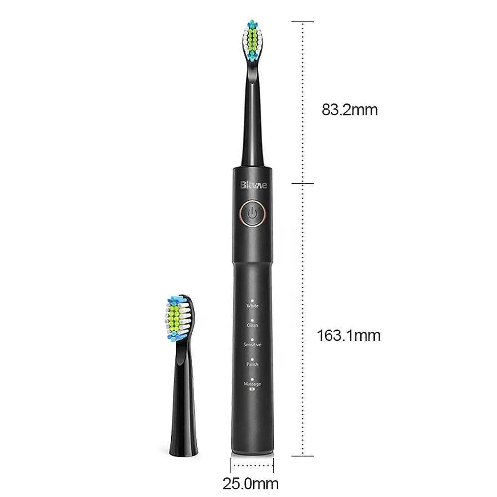 Bitvae - Electric Toothbrush (E11) - Ultrasonic, 8 Heads, Travel Case, White/Clean/Sensitive/Polish/Massage Modes - Blac