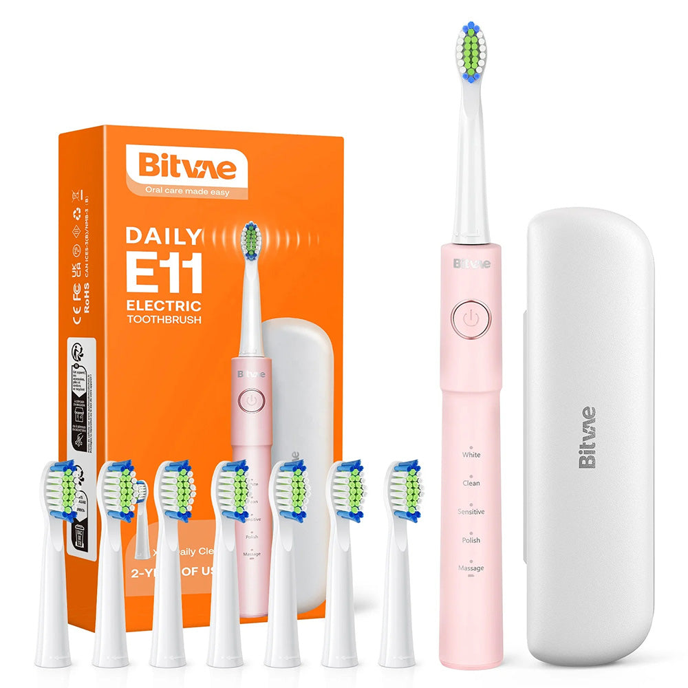 Bitvae - Electric Toothbrush (E11) - Ultrasonic, 8 Heads, Travel Case, White/Clean/Sensitive/Polish/Massage Modes - Pink