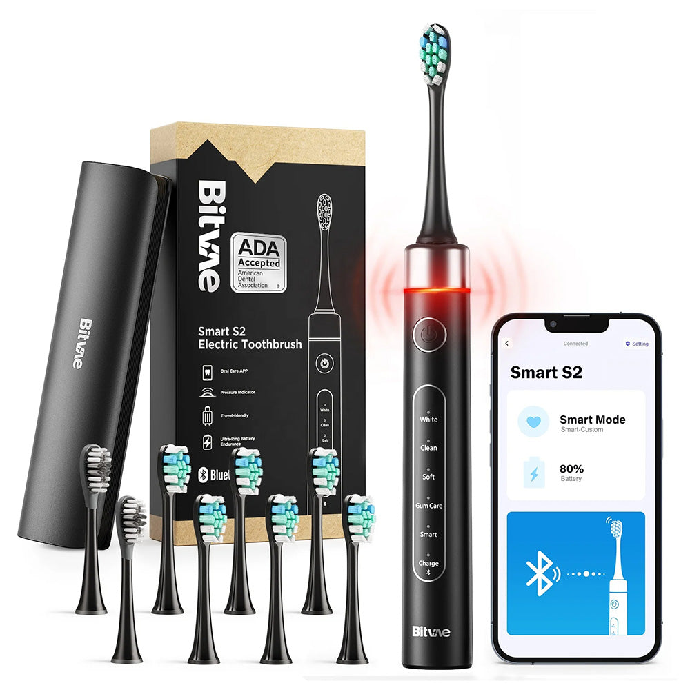 Bitvae - Electric Toothbrush (S2 Smart) - Ultrasonic, Soft, 8 Heads, Case, Red Light Pressure Sensor, 5Modes, 1400mAh - 