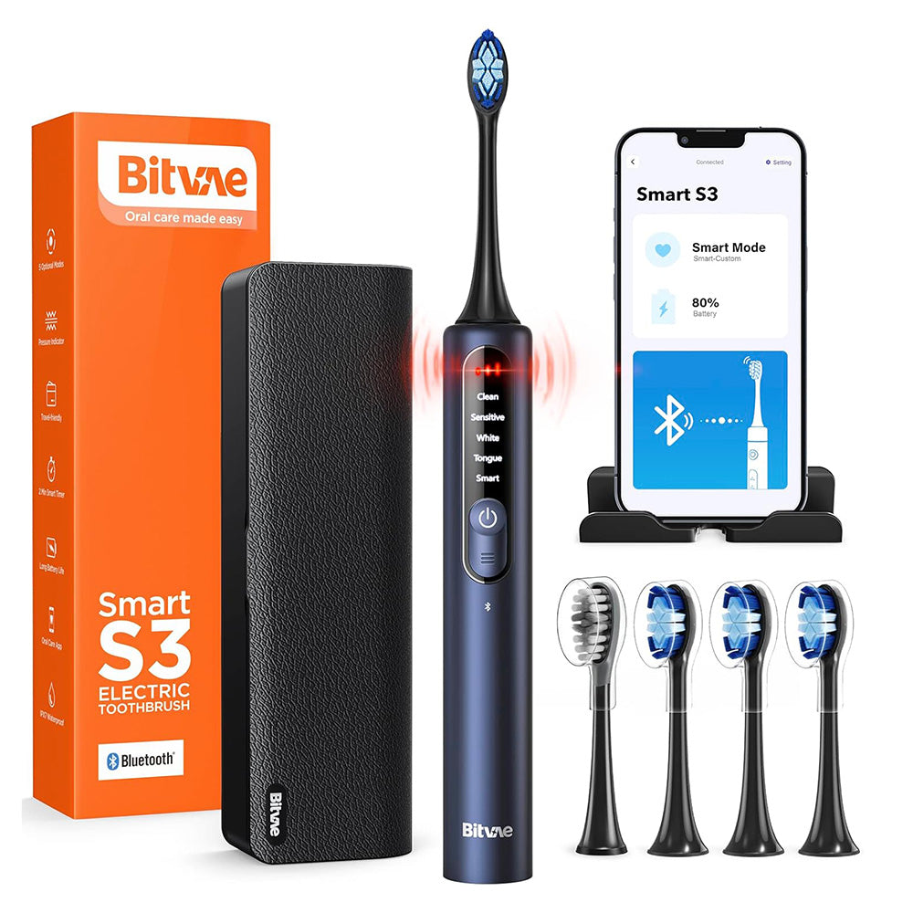 Bitvae - Electric Toothbrush (BVS3 Smart) - Sonic, 4 Heads with Cover, Case, 5Modes, Timer, Pressure Sensor, App - Night