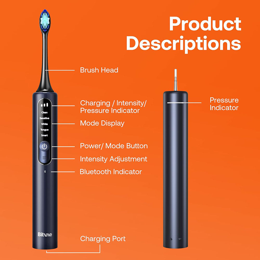 Bitvae - Electric Toothbrush (BVS3 Smart) - Sonic, 4 Heads with Cover, Case, 5Modes, Timer, Pressure Sensor, App - Night