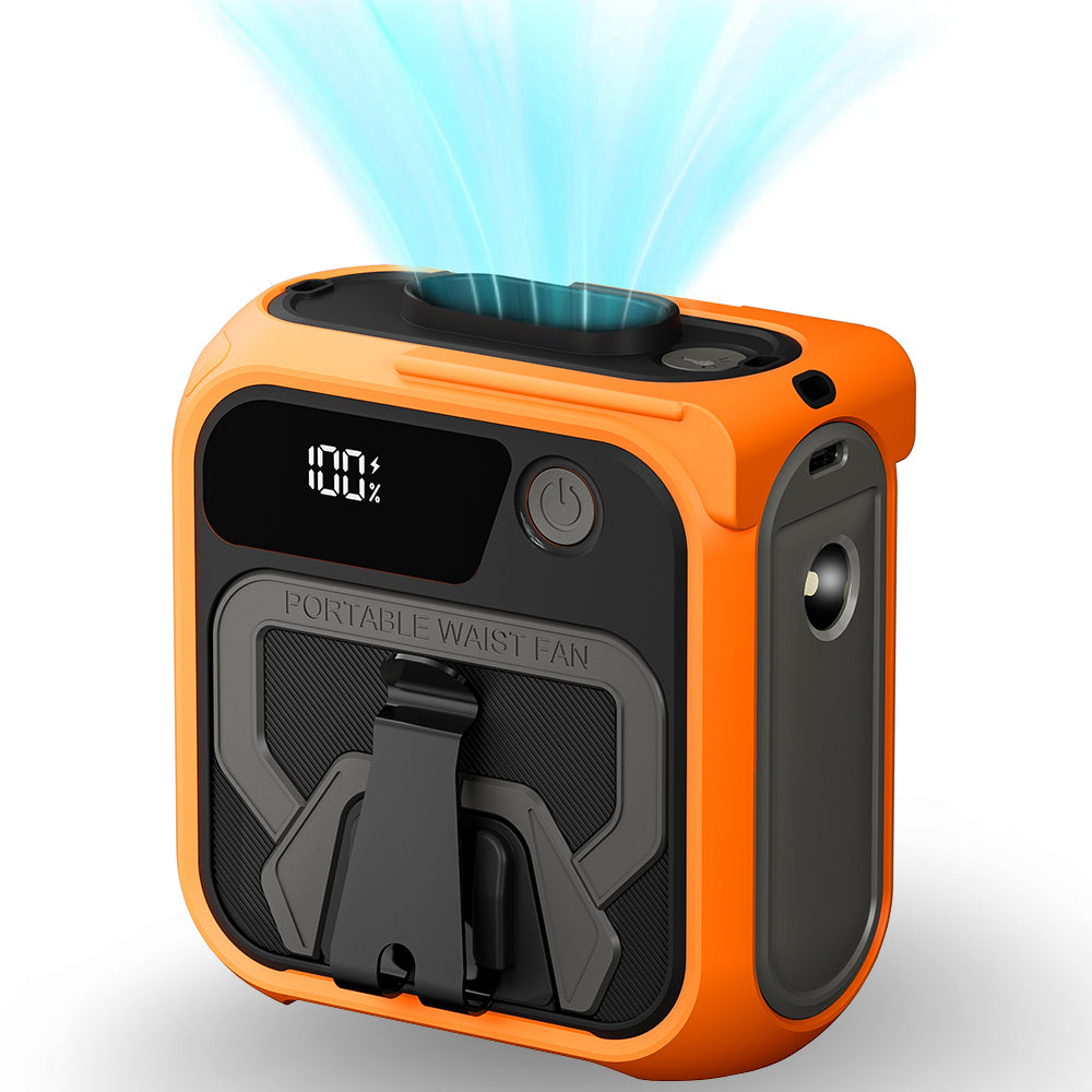 Techsuit - Premium Portable Mini Fan (Z13) - with Power Bank, Rechargeable, 5 Wind Speeds, Belt Buckle, 10000mAh - Orang