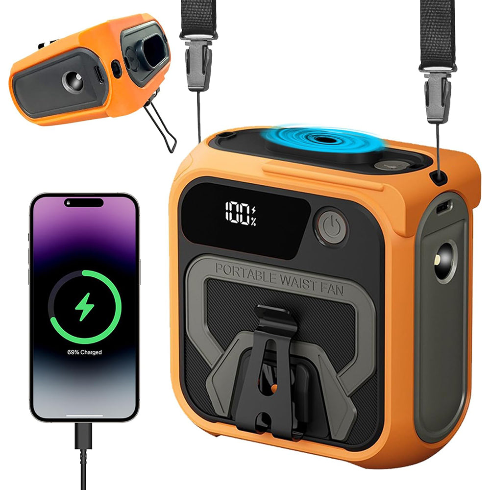 Techsuit - Premium Portable Mini Fan (Z13) - with Power Bank, Rechargeable, 5 Wind Speeds, Belt Buckle, 10000mAh - Orang