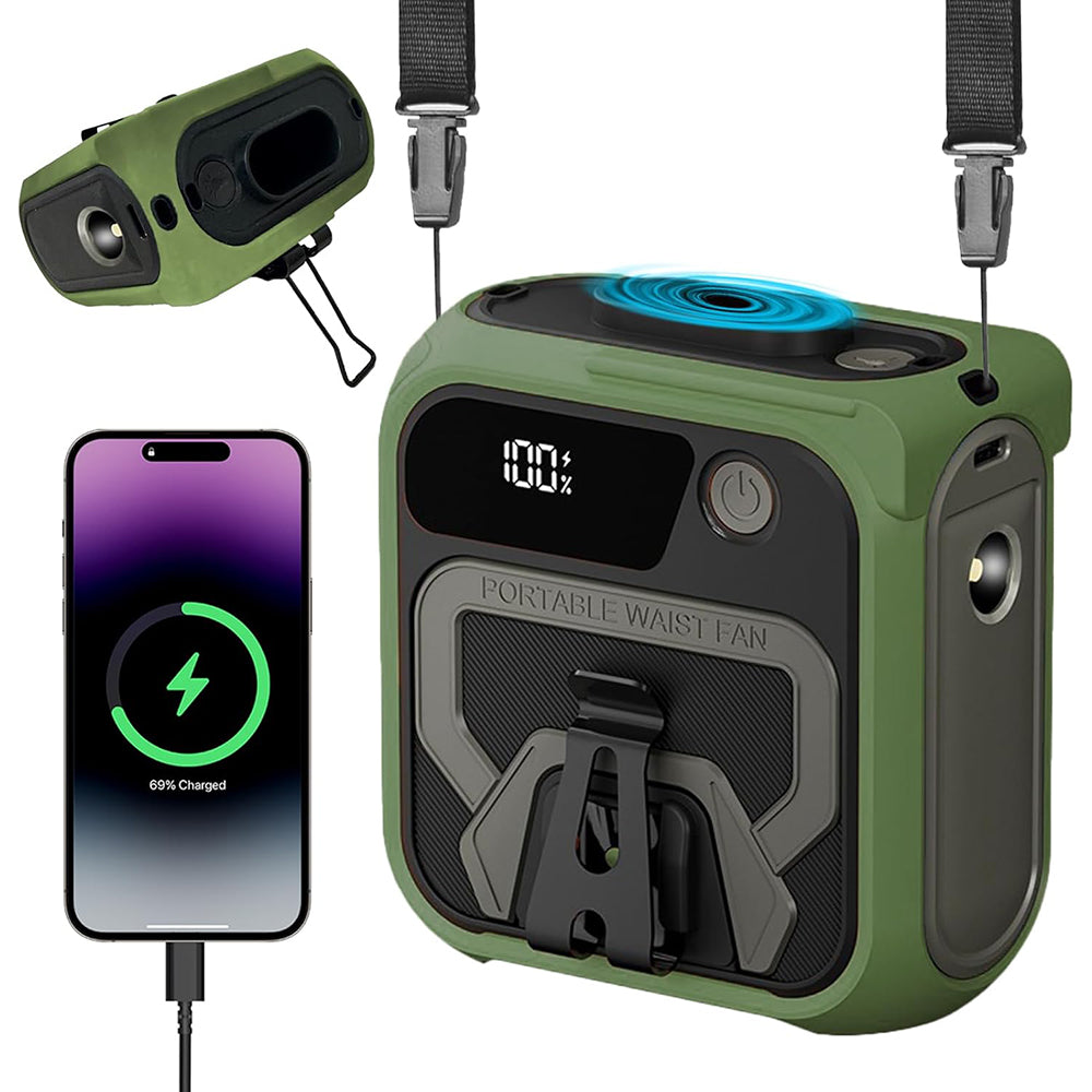 Techsuit - Premium Portable Mini Fan (Z13) - with Power Bank, Rechargeable, 5 Wind Speeds, Belt Buckle, 10000mAh - Green