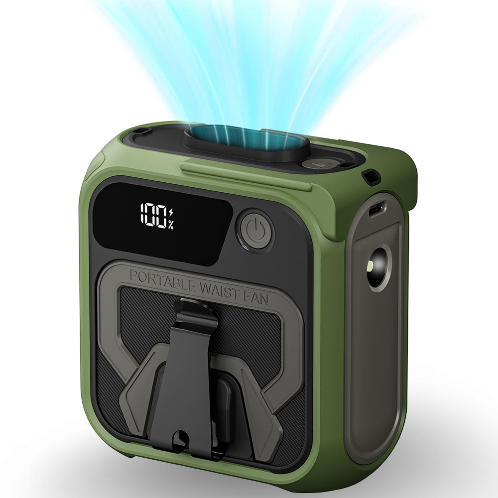 Techsuit - Premium Portable Mini Fan (Z13) - with Power Bank, Rechargeable, 5 Wind Speeds, Belt Buckle, 10000mAh - Green