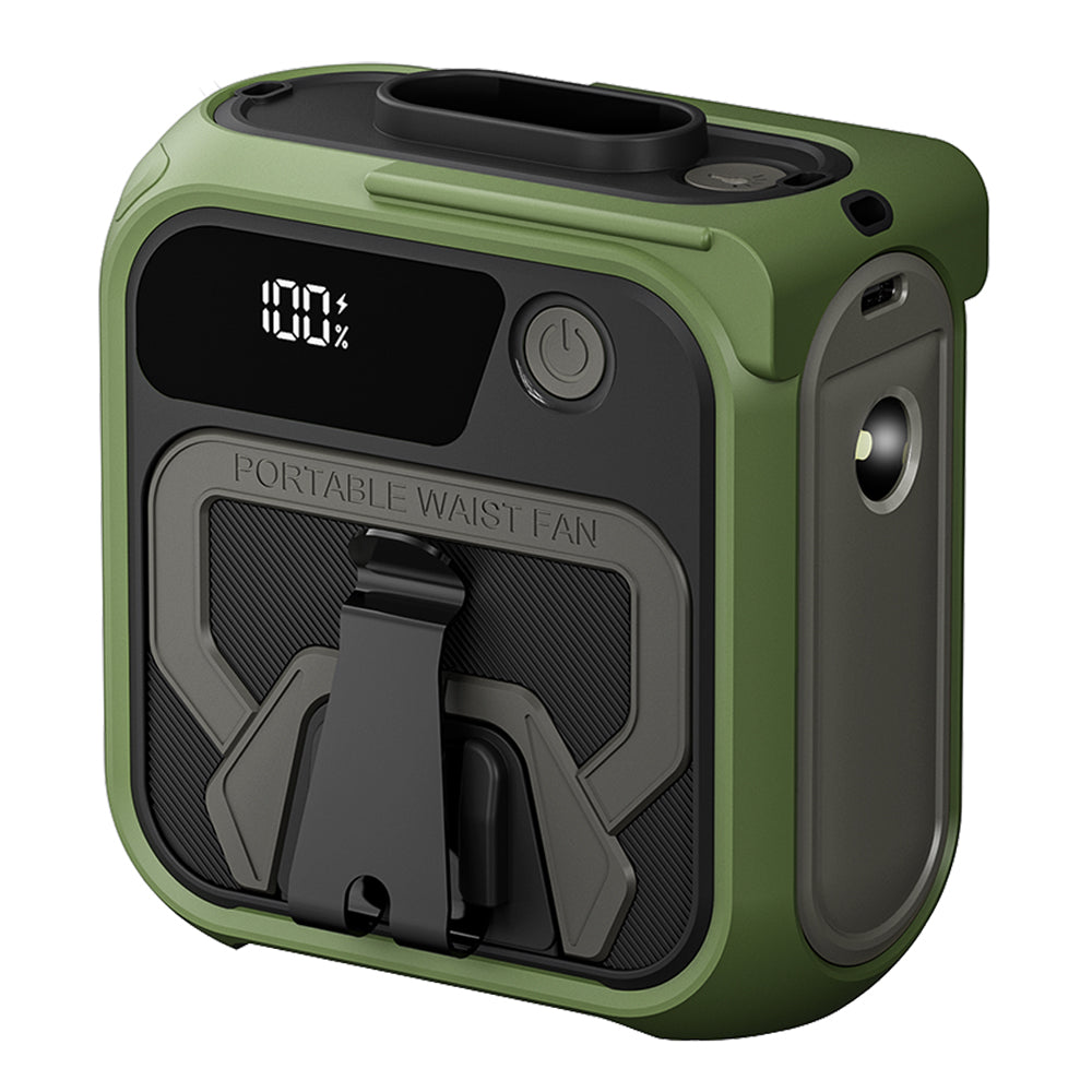 Techsuit - Premium Portable Mini Fan (Z13) - with Power Bank, Rechargeable, 5 Wind Speeds, Belt Buckle, 10000mAh - Green