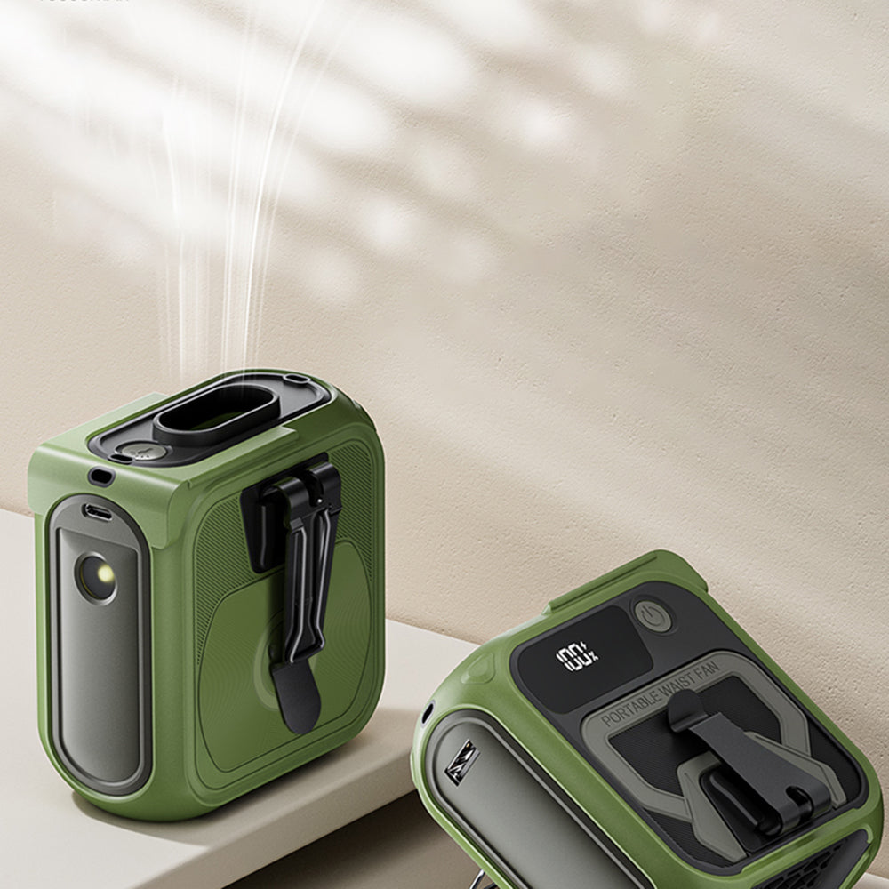 Techsuit - Premium Portable Mini Fan (Z13) - with Power Bank, Rechargeable, 5 Wind Speeds, Belt Buckle, 10000mAh - Green