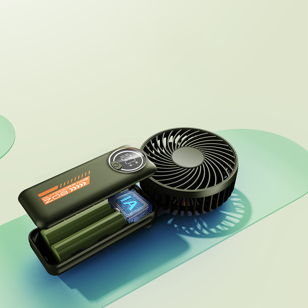 Techsuit - Premium Mini Hand Fan (Z8) - with LED Digital Display, USB-C Rechargeable, 3 Wind Speeds, 2A, 3600mAh - Green
