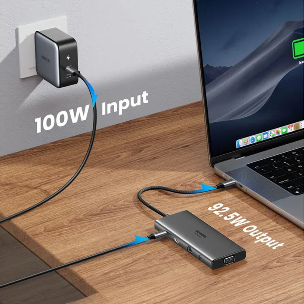 Ugreen - Docking Station CM639 (45520) - Type-C to 3x Type-C, 2x USB-A, HDMI, VGA, RJ45, SD/TF Card, Jack 3.5mm - Gray