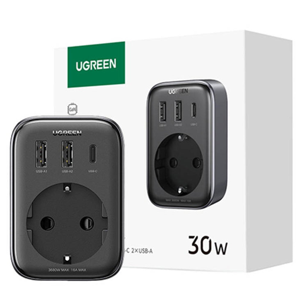 Ugreen - Wall Charger CD314 (90613) - Outlet Extender, Fast Charge, 2x USB, Type-C, AC, 3680W, 13A, PD30W, 3A, QC4+ - Bl