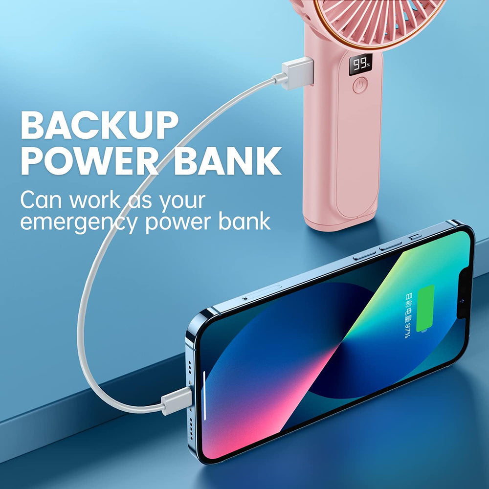 Techsuit - Premium Mini Hand Fan (M12) - with LED Digital Display, USB-C Rechargeable, 6 Wind Speeds, 5000mAh - Pink