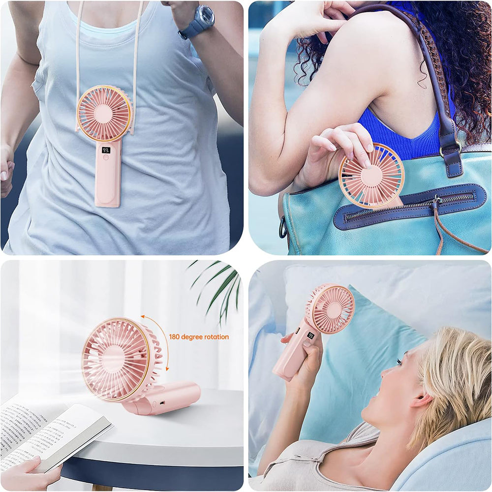 Techsuit - Premium Mini Hand Fan (M12) - with LED Digital Display, USB-C Rechargeable, 6 Wind Speeds, 5000mAh - Pink