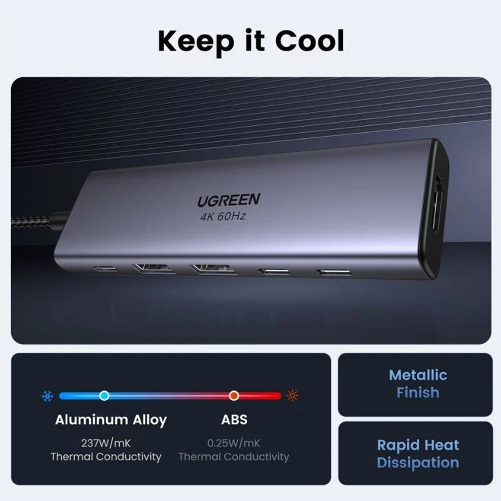 Ugreen - Docking Station CM511 (35999) - Type-C to 2x USB3.2, 1x HDMI 4K@60Hz, 3x Type-C, PD100W, 10Gbps - Gray