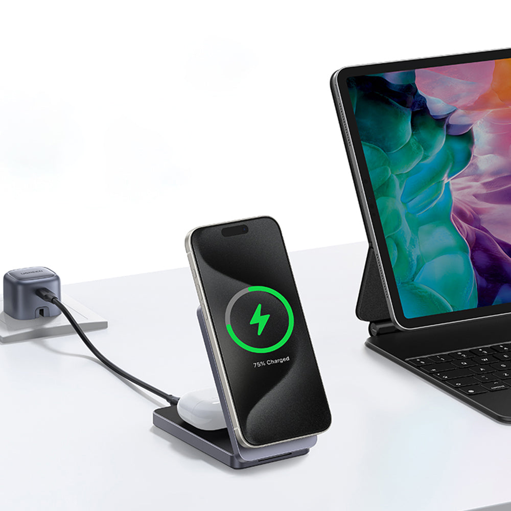 Ugreen - Wireless Charger W706 (45023) - MagSafe, 2in1, for iPhone, AirPods, USB-C Cable, 20W, 3A, Qi2, MPP, 1m - Grey