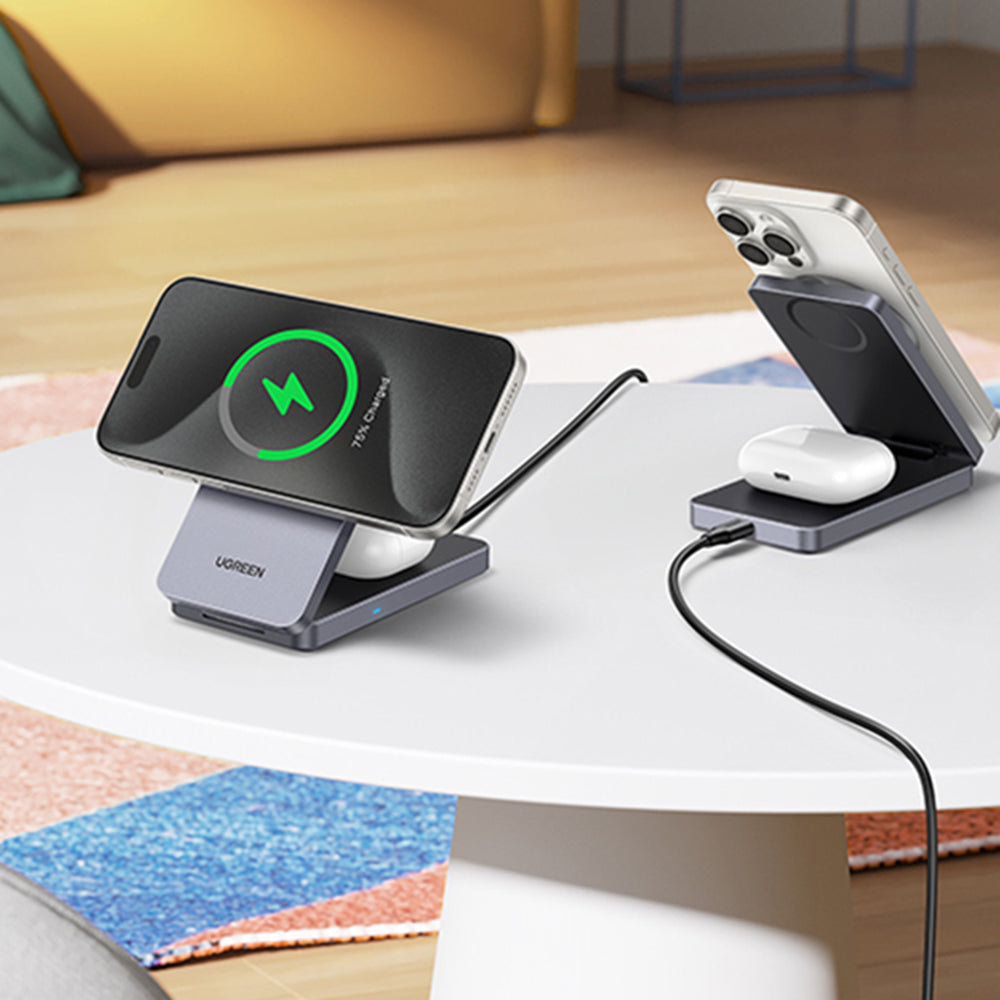 Ugreen - Wireless Charger W706 (45023) - MagSafe, 2in1, for iPhone, AirPods, USB-C Cable, 20W, 3A, Qi2, MPP, 1m - Grey