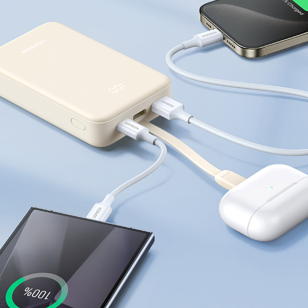 Ugreen - Power Bank PB505 (45762) - Built-in Type-C Cable, Fast Charging, 20000mAh, USB, USB-C, 22.5W, 5V/3A - Grey