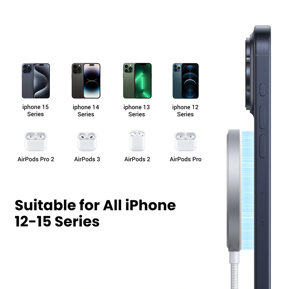 Ugreen - Magnetic Wireless Charger W703 (35565) - Fast Charge, Universal, USB-C, Qi2, 15W, 5V/3A, Type-C Cable, 1.5m - W