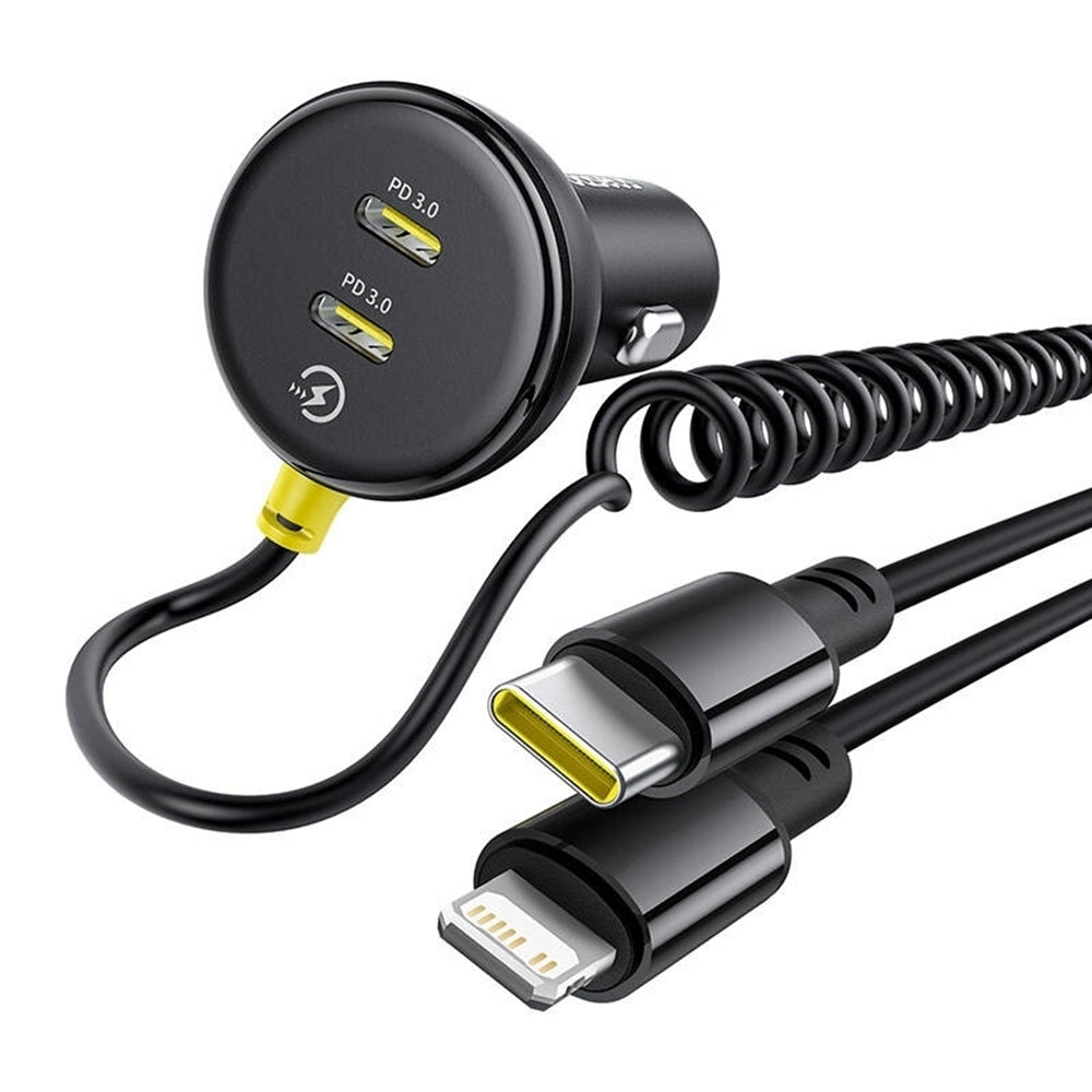 Baseus - Car Charger (C00035902121-00) - 2x USB-C, Fast Charge with USB-C, Lightning Spring Cable, 60W, 3A, 1.4m - Black