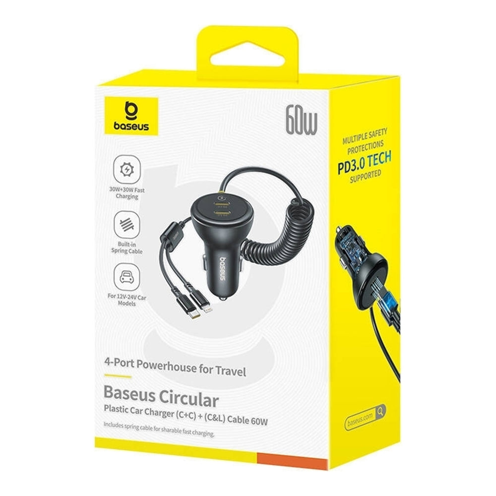 Baseus - Car Charger (C00035902121-00) - 2x USB-C, Fast Charge with USB-C, Lightning Spring Cable, 60W, 3A, 1.4m - Black