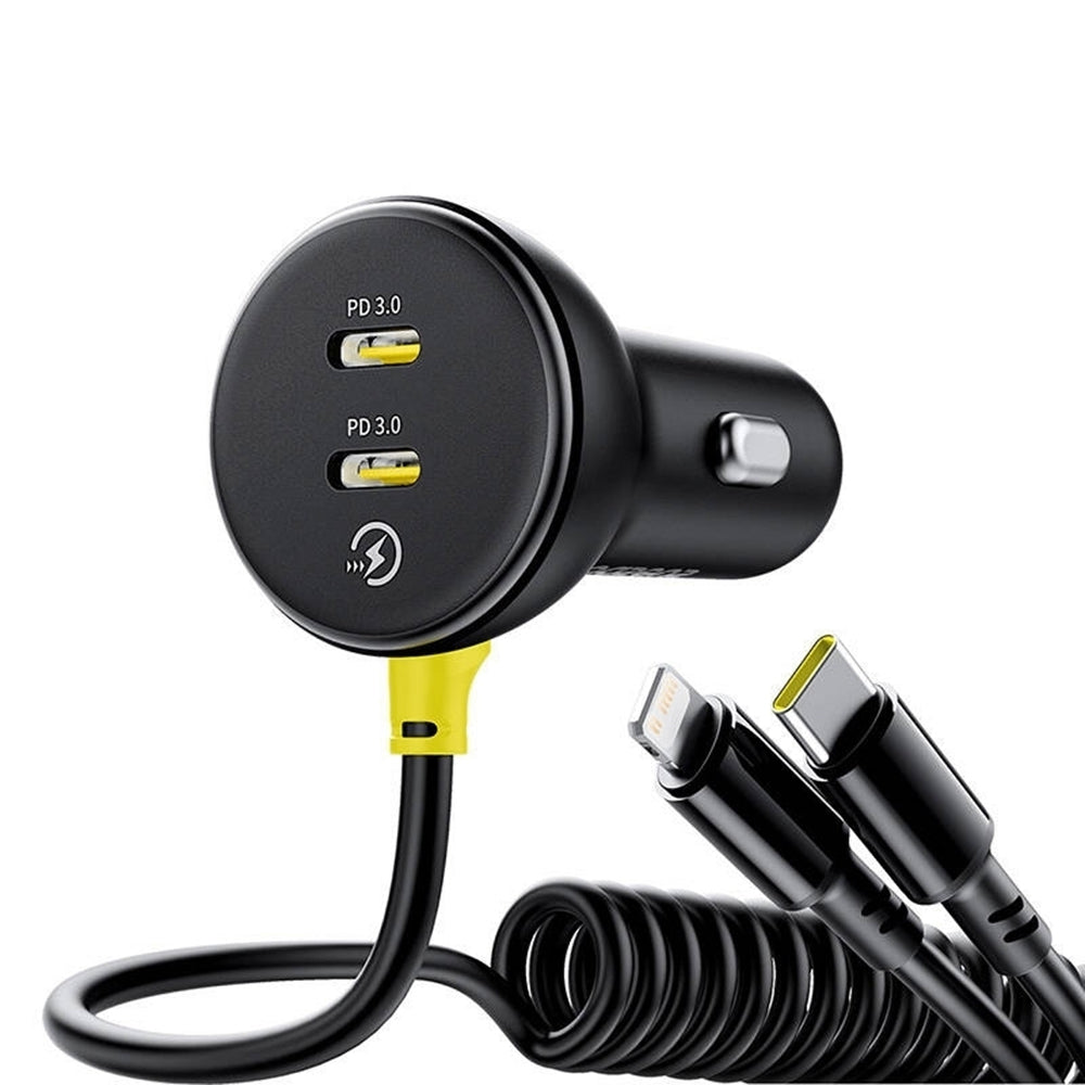Baseus - Car Charger (C00035902121-00) - 2x USB-C, Fast Charge with USB-C, Lightning Spring Cable, 60W, 3A, 1.4m - Black