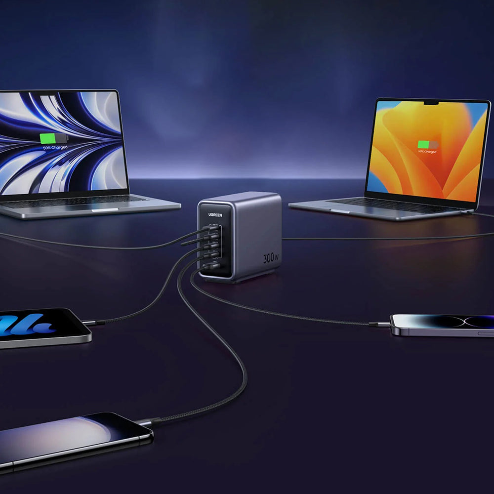 Ugreen - Wall Charger Nexode CD333 (90903B) - with Cable, Super Fast Charge, GaN, 5in1, USB, 4x Type-C, 300W, 5A, 2m - G