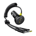 Baseus - Car Charger (C00035902121-00) - 2x USB-C, Fast Charge with USB-C, Lightning Spring Cable, 60W, 3A, 1.4m - Black