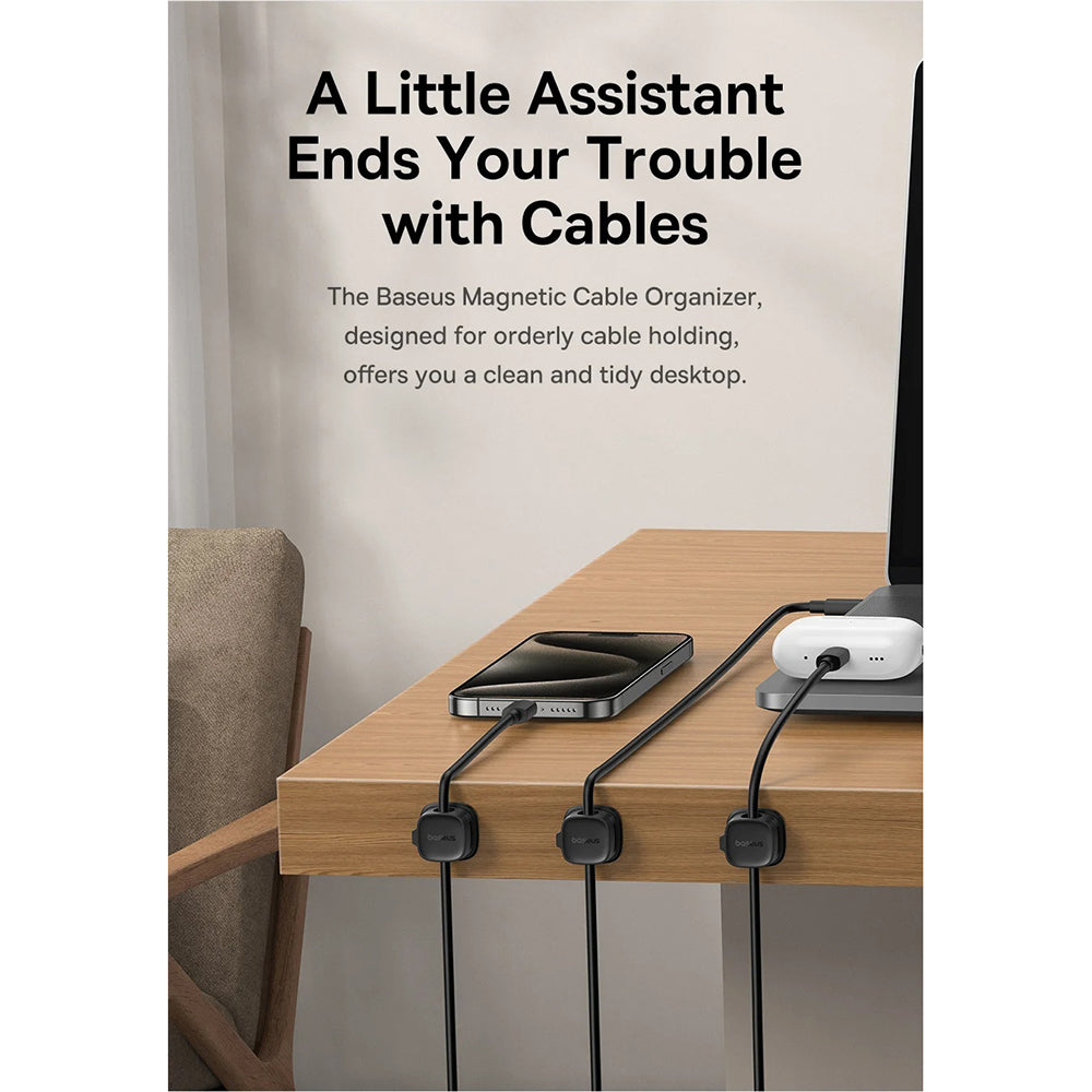 Baseus - Cable Organizer Lite Series Magnetic (B01331106111-00) - 3 Pack Pieces, 3M Adhesive - Black