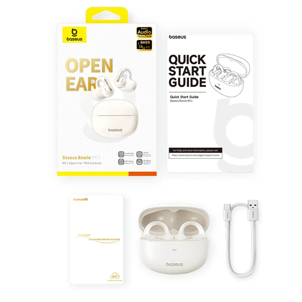 Baseus - Wireless Earbuds Bowie MC1 (A00083501226-00) - Open Ear Clip-on Design, BT V5.4, IP57 Waterproof, 600mAh - Whit