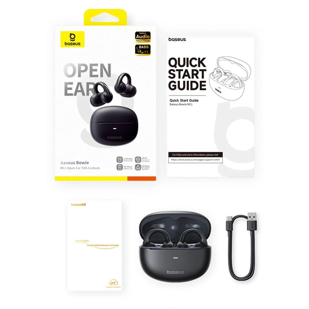 Baseus - Wireless Earbuds Bowie MC1 (A00083501126-00) - Open Ear Clip-on Design, BT V5.4, IP57 Waterproof, 600mAh - Blac